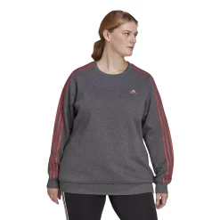 Plus Size adidas Essentials 3-Stripe Fleece Sweatshirt -Adidas Clothing Shop 5164348 Dk Gray Htr Wondr Red