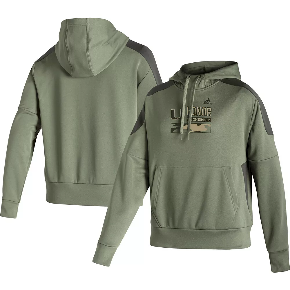 Women's adidas Olive Miami Hurricanes Salute to Service Military Appreciation Pullover Hoodie 2 Women's adidas Olive Miami Hurricanes Salute to Service Military Appreciation Pullover Hoodie - Image 2