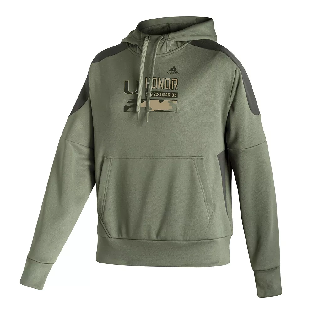 Women's adidas Olive Miami Hurricanes Salute to Service Military Appreciation Pullover Hoodie 3 Women's adidas Olive Miami Hurricanes Salute to Service Military Appreciation Pullover Hoodie - Image 3