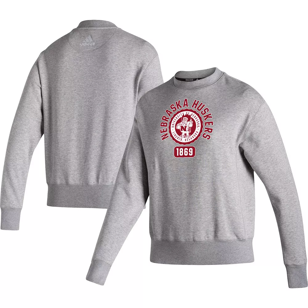 Women's adidas Heathered Gray Nebraska Huskers Vintage Circle Pullover Sweatshirt 1 Women's adidas Heathered Gray Nebraska Huskers Vintage Circle Pullover Sweatshirt