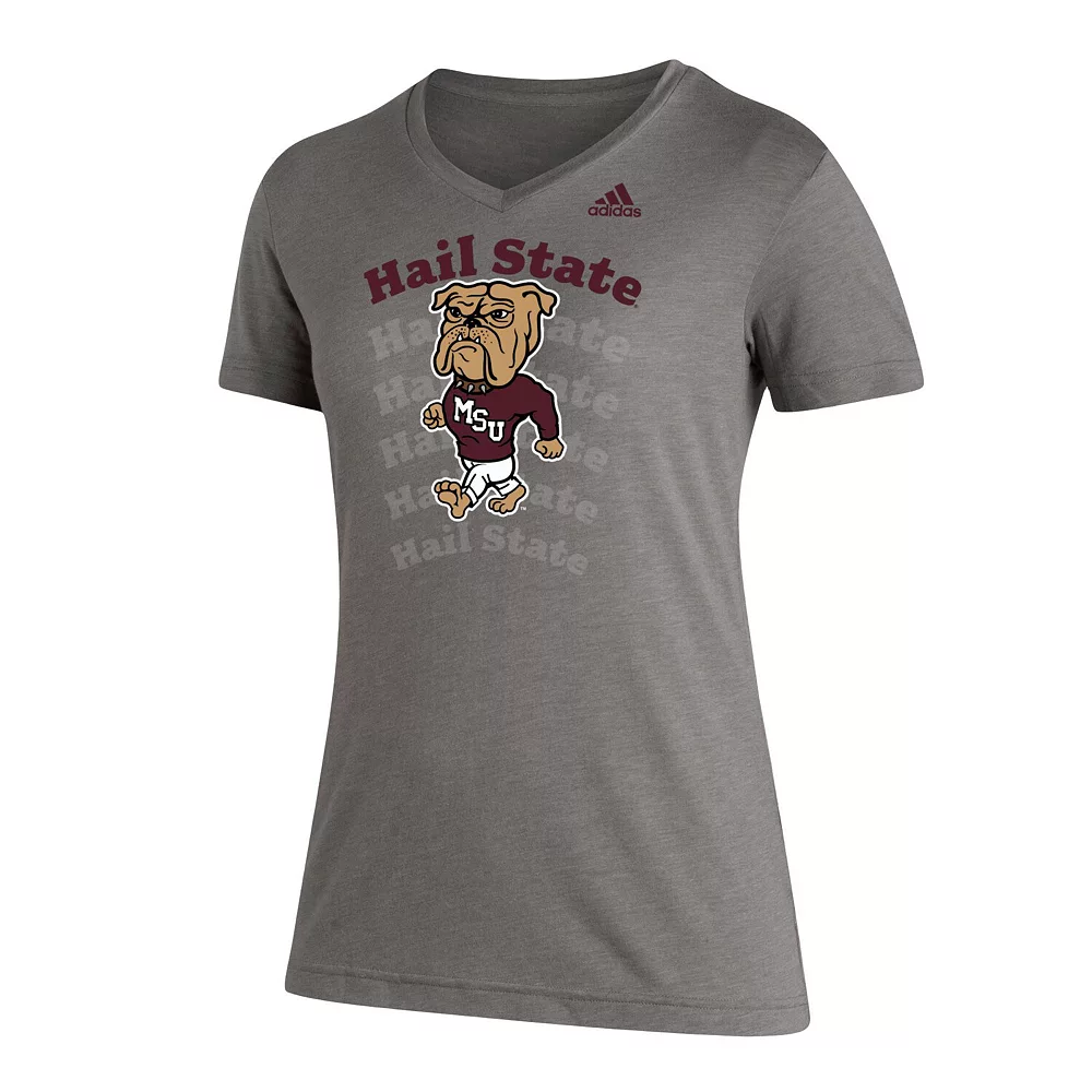 Women's adidas Heathered Gray Mississippi State Bulldogs Vault Logo Repeat Tri-Blend V-Neck T-Shirt 3 Women's adidas Heathered Gray Mississippi State Bulldogs Vault Logo Repeat Tri-Blend V-Neck T-Shirt - Image 3