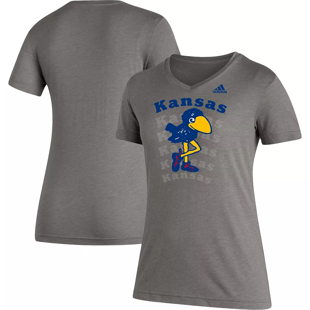 Women's adidas Heathered Gray Kansas Jayhawks Vault Logo Repeat Tri-Blend V-Neck T-Shirt 2 Women's adidas Heathered Gray Kansas Jayhawks Vault Logo Repeat Tri-Blend V-Neck T-Shirt - Image 2