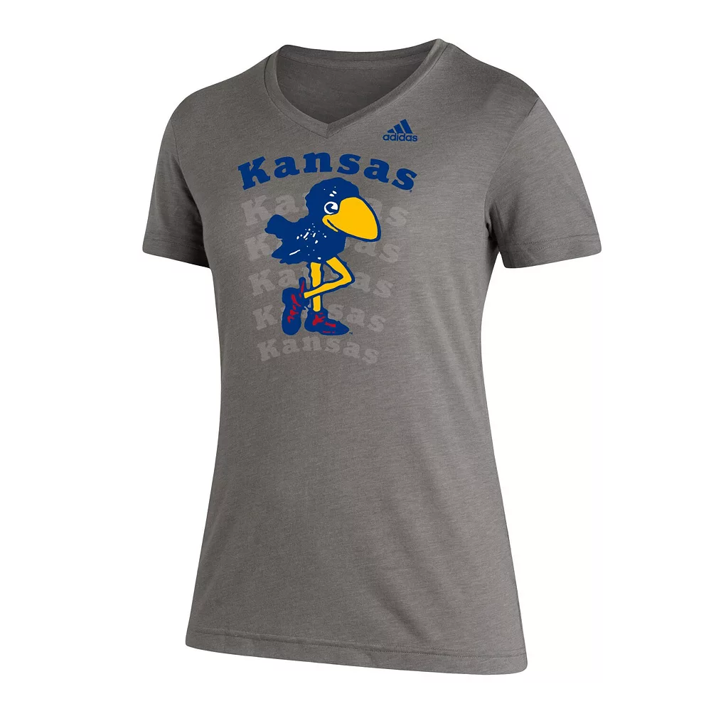 Women's adidas Heathered Gray Kansas Jayhawks Vault Logo Repeat Tri-Blend V-Neck T-Shirt 3 Women's adidas Heathered Gray Kansas Jayhawks Vault Logo Repeat Tri-Blend V-Neck T-Shirt - Image 3