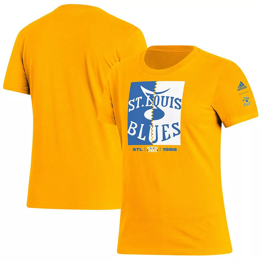Women's adidas Gold St. Louis Blues Reverse Retro 2.0 Playmaker T-Shirt 1 Women's adidas Gold St. Louis Blues Reverse Retro 2.0 Playmaker T-Shirt